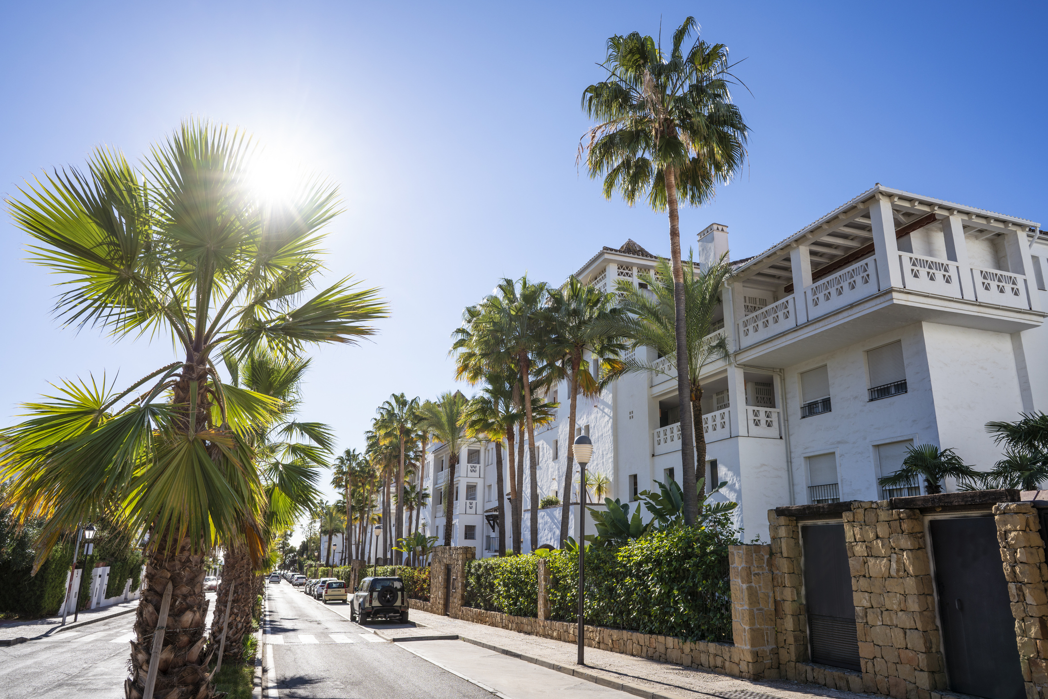 Vista de una calle soleada en Marbella, con palmeras y edificios residenciales de estilo mediterráneo, destacando su atractivo clima y arquitectura.