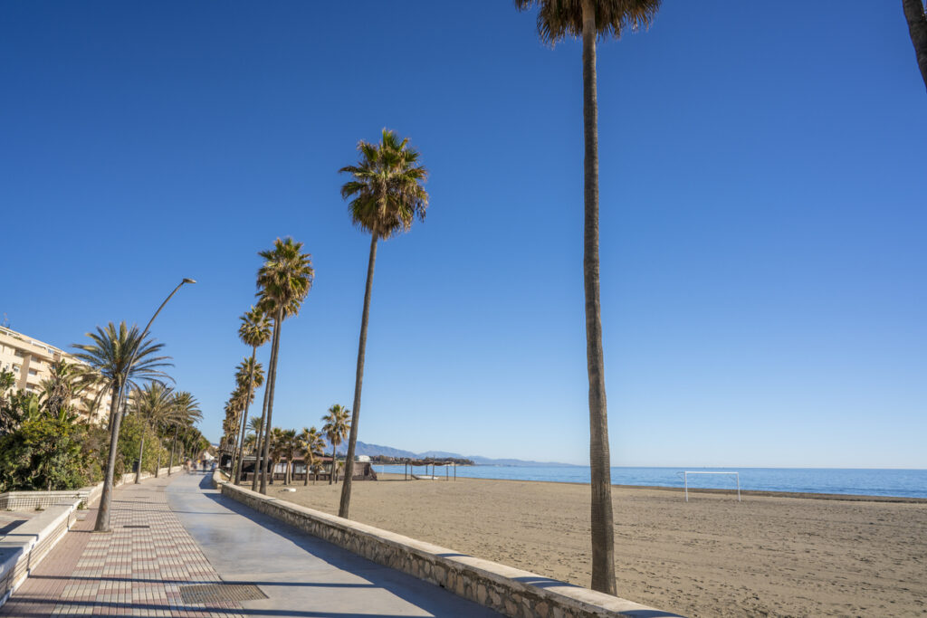 Paseo marítimo junto a la Playa de La Rada en Estepona, con palmeras y un cielo despejado.